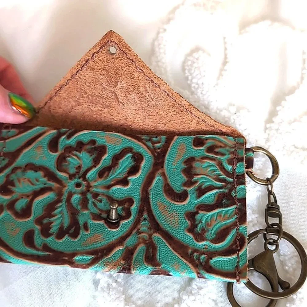 Turquoise and Brown Leather Tooled Artisan Keychain/C Card Money /Mini Wallet